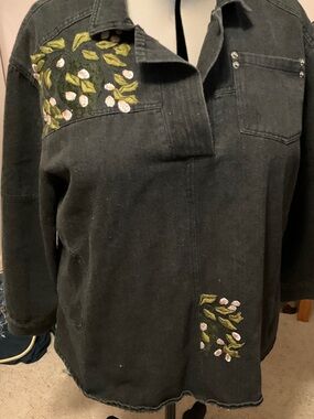 Hand Embroidered Black Denim Women's Popover Shirt